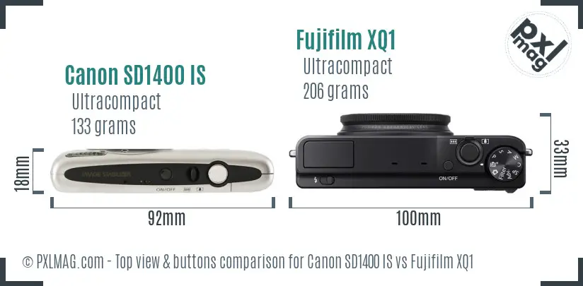 Canon SD1400 IS vs Fujifilm XQ1 top view buttons comparison