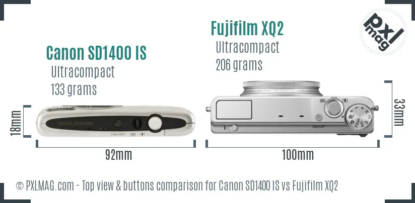 Canon SD1400 IS vs Fujifilm XQ2 top view buttons comparison