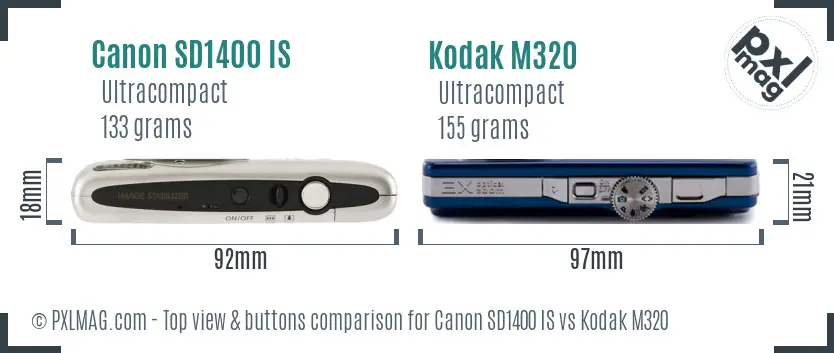 Canon SD1400 IS vs Kodak M320 top view buttons comparison