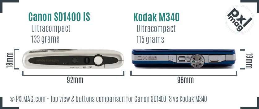 Canon SD1400 IS vs Kodak M340 top view buttons comparison