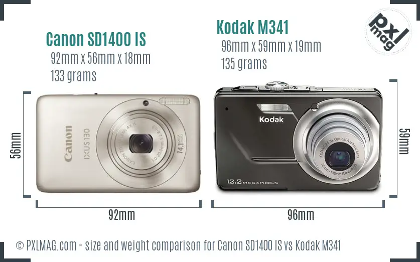 Canon SD1400 IS vs Kodak M341 size comparison