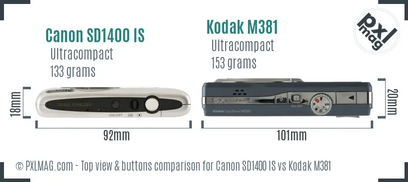 Canon SD1400 IS vs Kodak M381 top view buttons comparison