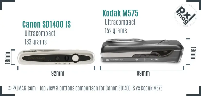 Canon SD1400 IS vs Kodak M575 top view buttons comparison Canon SD1400 IS vs Kodak M575 top view buttons comparison