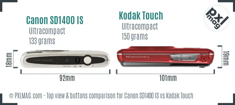 Canon SD1400 IS vs Kodak Touch top view buttons comparison