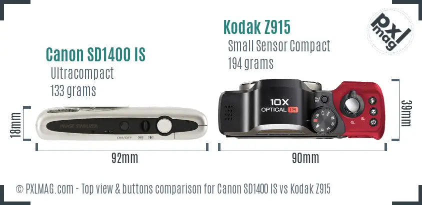 Canon SD1400 IS vs Kodak Z915 top view buttons comparison