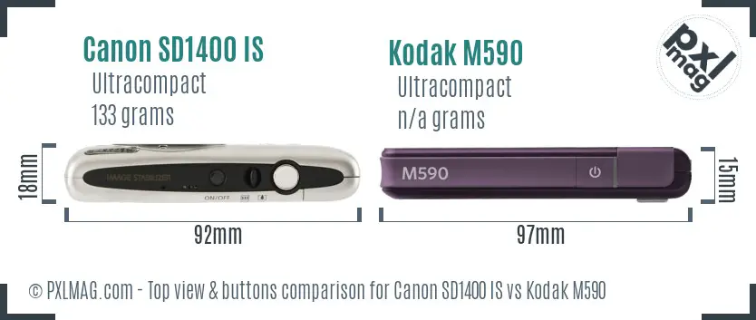 Canon SD1400 IS vs Kodak M590 top view buttons comparison
