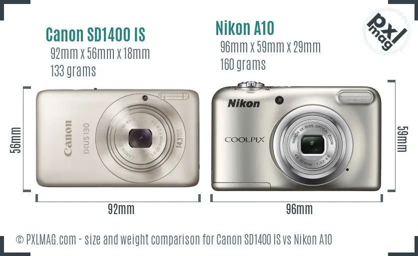 Canon SD1400 IS vs Nikon A10 size comparison