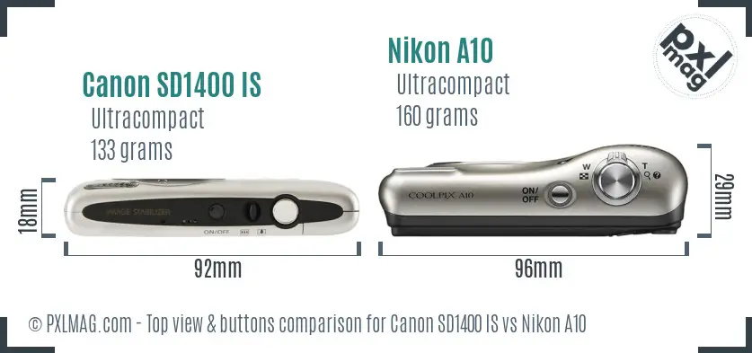 Canon SD1400 IS vs Nikon A10 top view buttons comparison