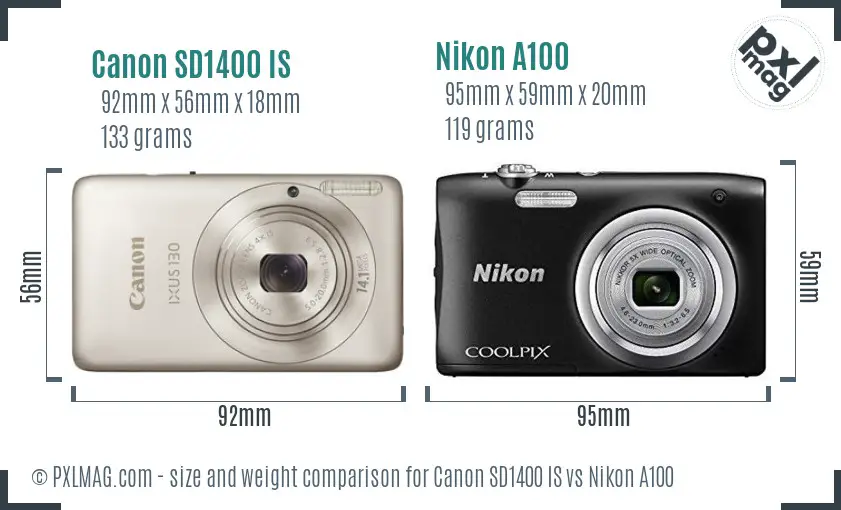 Canon SD1400 IS vs Nikon A100 size comparison