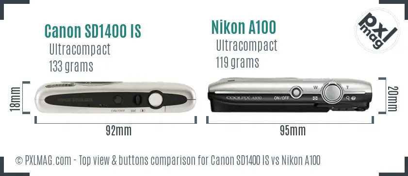 Canon SD1400 IS vs Nikon A100 top view buttons comparison
