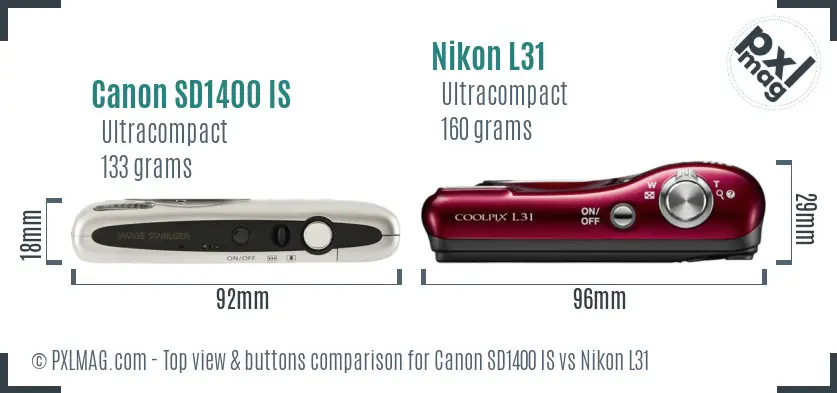 Canon SD1400 IS vs Nikon L31 top view buttons comparison Canon SD1400 IS vs Nikon L31 top view buttons comparison