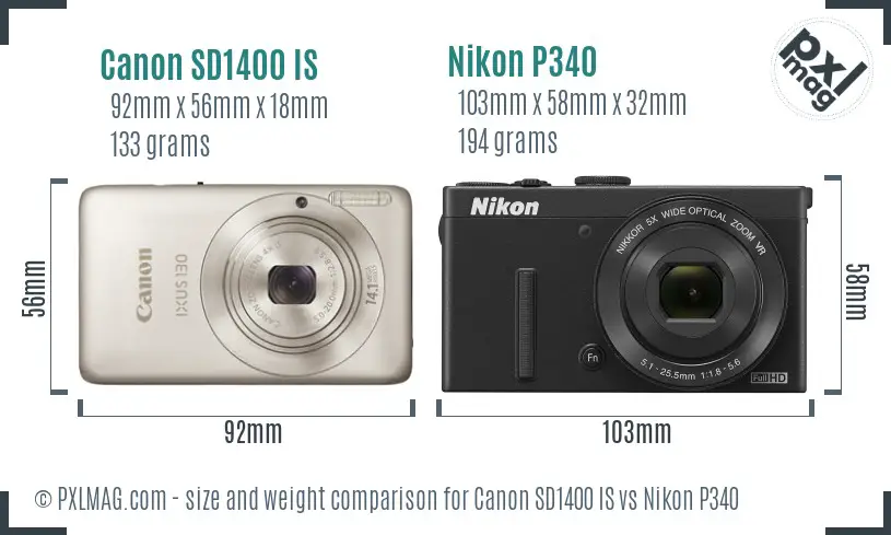 Canon SD1400 IS vs Nikon P340 size comparison