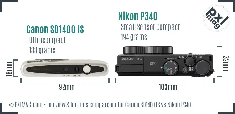 Canon SD1400 IS vs Nikon P340 top view buttons comparison