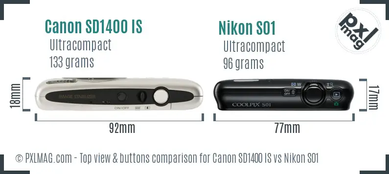 Canon SD1400 IS vs Nikon S01 top view buttons comparison