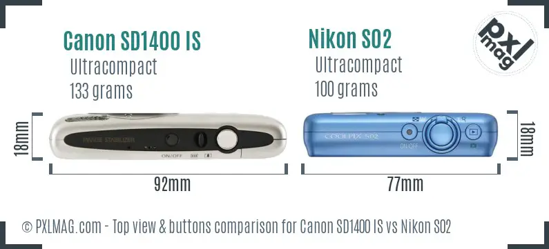 Canon SD1400 IS vs Nikon S02 top view buttons comparison