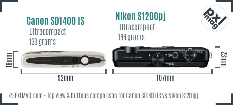 Canon SD1400 IS vs Nikon S1200pj top view buttons comparison
