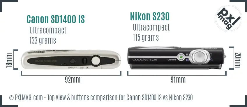 Canon SD1400 IS vs Nikon S230 top view buttons comparison