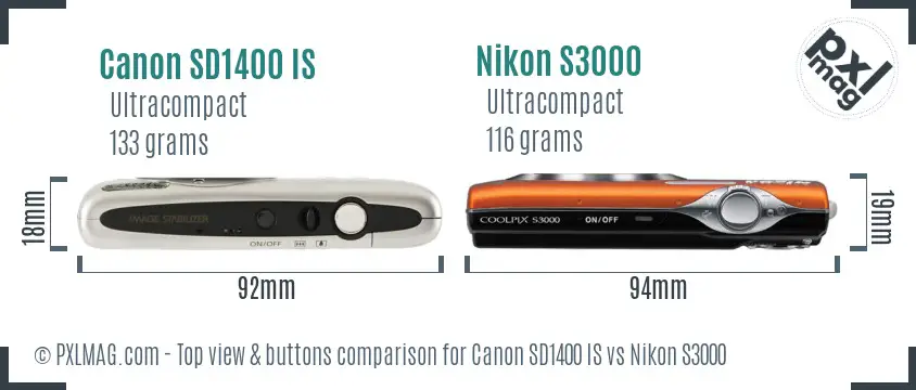 Canon SD1400 IS vs Nikon S3000 top view buttons comparison