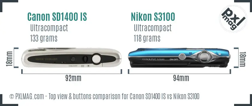 Canon SD1400 IS vs Nikon S3100 top view buttons comparison