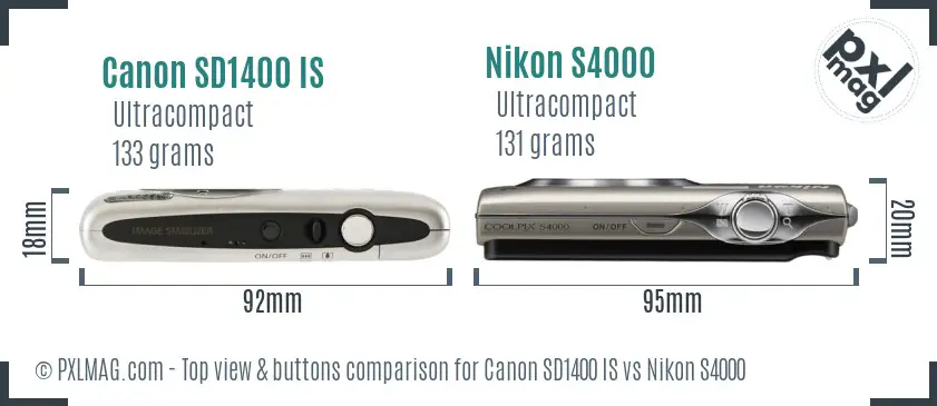 Canon SD1400 IS vs Nikon S4000 top view buttons comparison