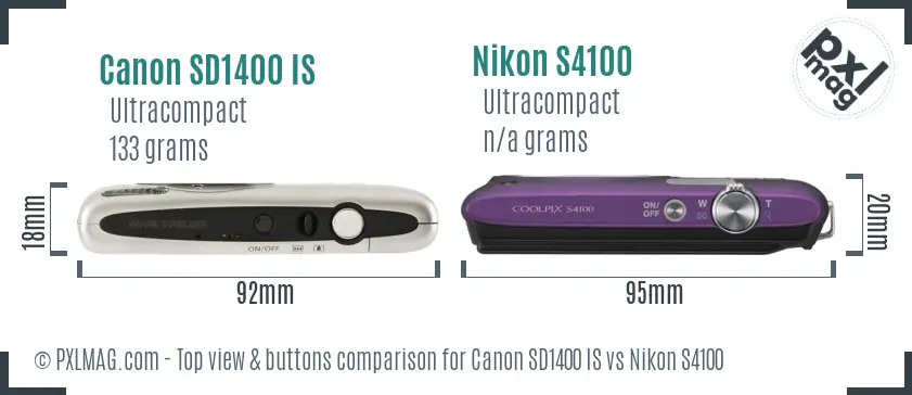Canon SD1400 IS vs Nikon S4100 top view buttons comparison Canon SD1400 IS vs Nikon S4100 top view buttons comparison