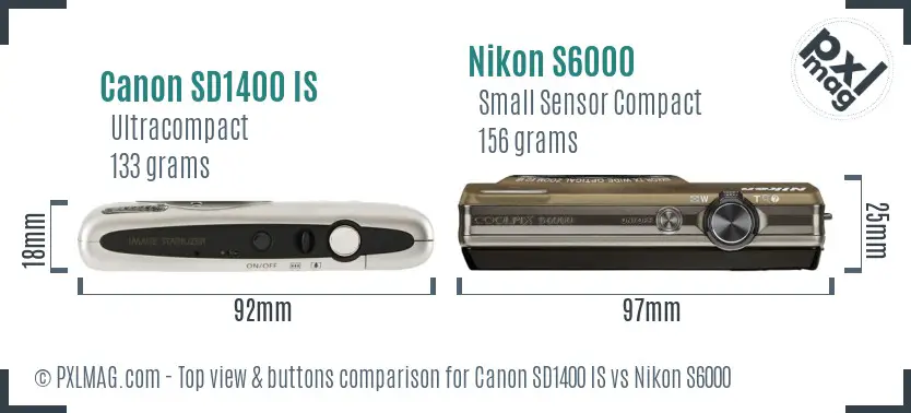 Canon SD1400 IS vs Nikon S6000 top view buttons comparison