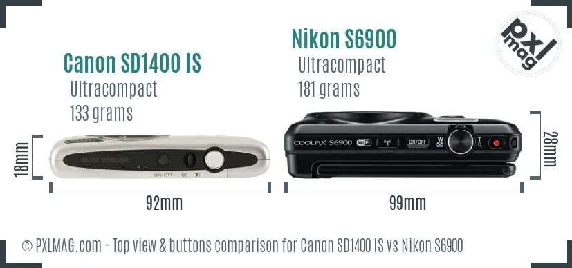 Canon SD1400 IS vs Nikon S6900 top view buttons comparison