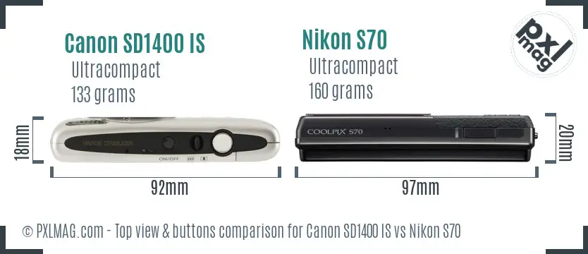 Canon SD1400 IS vs Nikon S70 top view buttons comparison