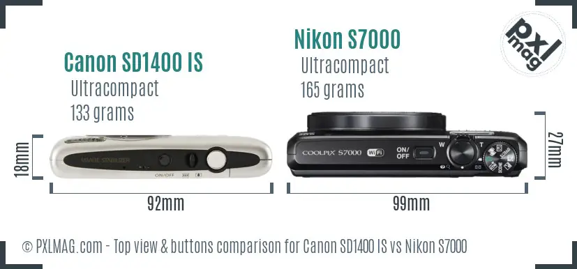 Canon SD1400 IS vs Nikon S7000 top view buttons comparison