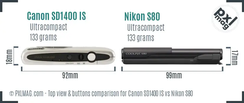 Canon SD1400 IS vs Nikon S80 top view buttons comparison