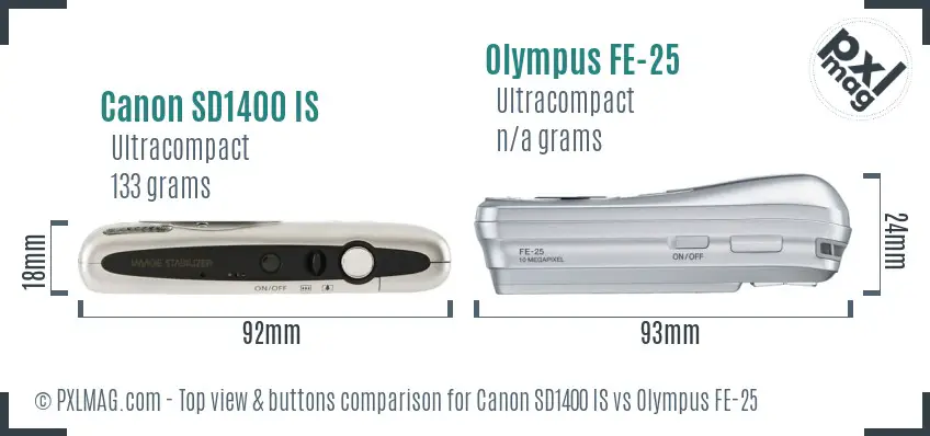 Canon SD1400 IS vs Olympus FE-25 top view buttons comparison Canon SD1400 IS vs Olympus FE-25 top view buttons comparison