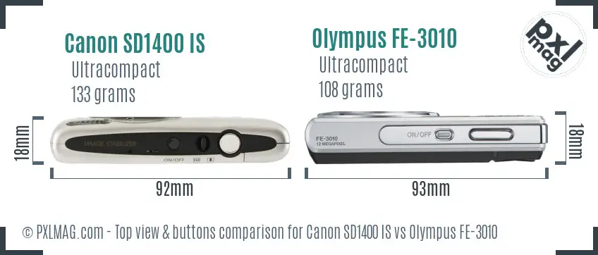 Canon SD1400 IS vs Olympus FE-3010 top view buttons comparison