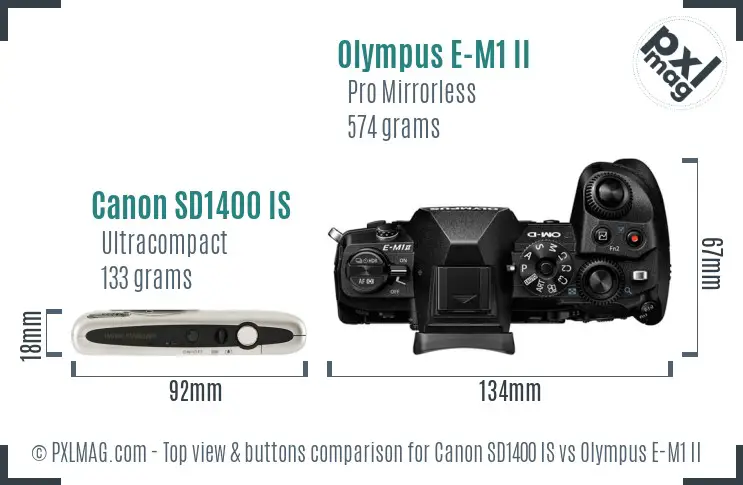 Canon SD1400 IS vs Olympus E-M1 II top view buttons comparison