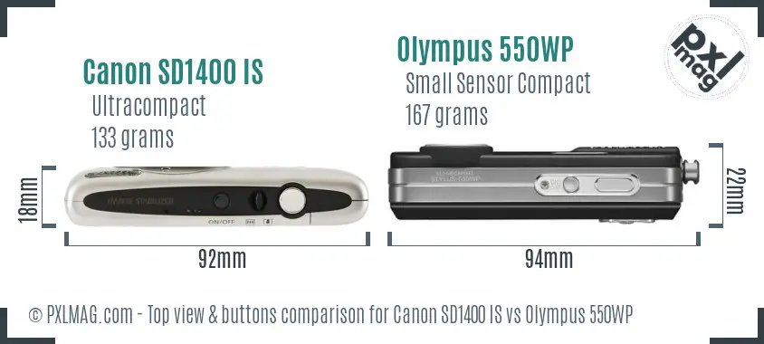 Canon SD1400 IS vs Olympus 550WP top view buttons comparison