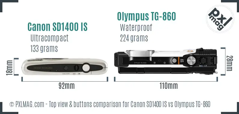 Canon SD1400 IS vs Olympus TG-860 top view buttons comparison