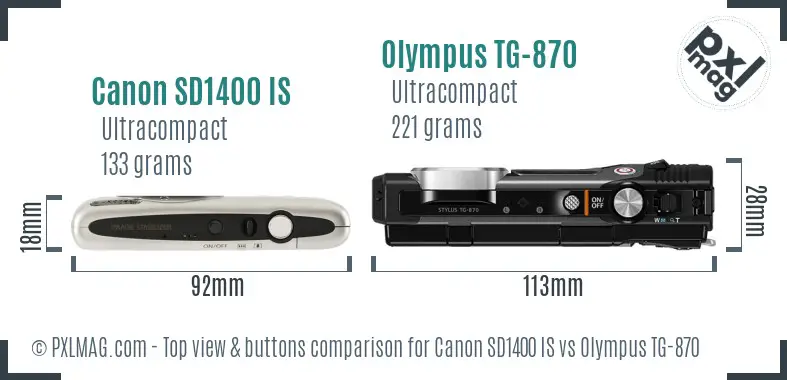 Canon SD1400 IS vs Olympus TG-870 top view buttons comparison