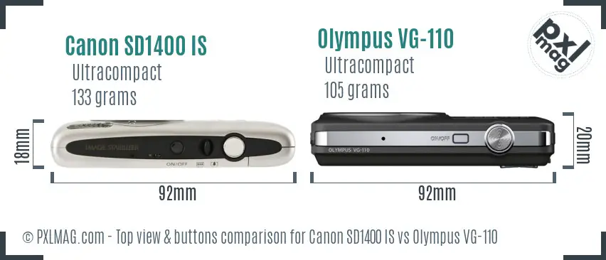 Canon SD1400 IS vs Olympus VG-110 top view buttons comparison Canon SD1400 IS vs Olympus VG-110 top view buttons comparison