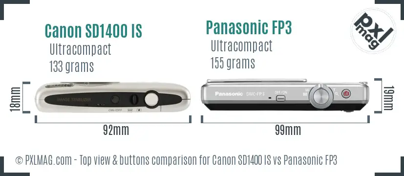 Canon SD1400 IS vs Panasonic FP3 top view buttons comparison Canon SD1400 IS vs Panasonic FP3 top view buttons comparison