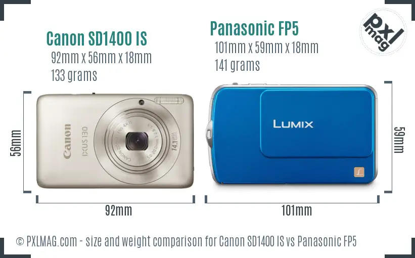 Canon SD1400 IS vs Panasonic FP5 size comparison