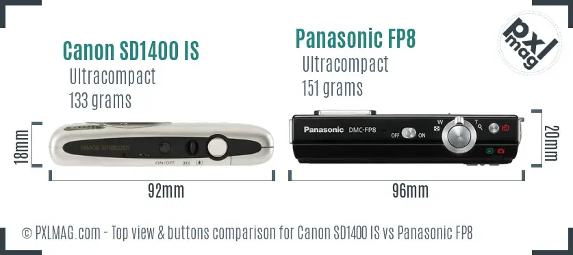 Canon SD1400 IS vs Panasonic FP8 top view buttons comparison