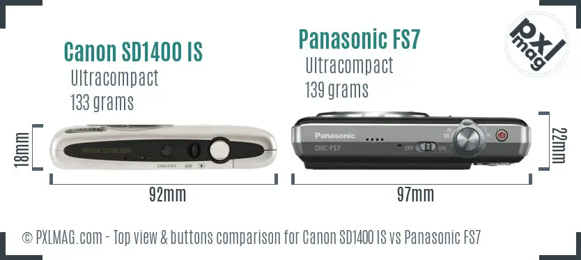 Canon SD1400 IS vs Panasonic FS7 top view buttons comparison
