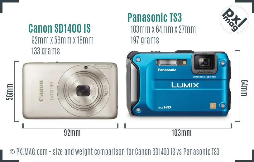 Canon SD1400 IS vs Panasonic TS3 size comparison