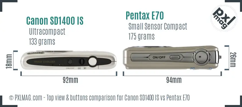 Canon SD1400 IS vs Pentax E70 top view buttons comparison