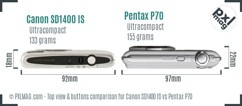 Canon SD1400 IS vs Pentax P70 top view buttons comparison