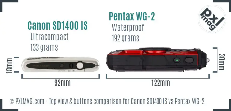Canon SD1400 IS vs Pentax WG-2 top view buttons comparison