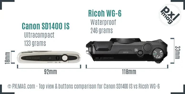 Canon SD1400 IS vs Ricoh WG-6 top view buttons comparison
