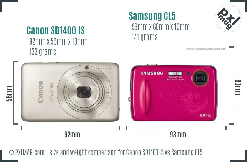 Canon SD1400 IS vs Samsung CL5 size comparison