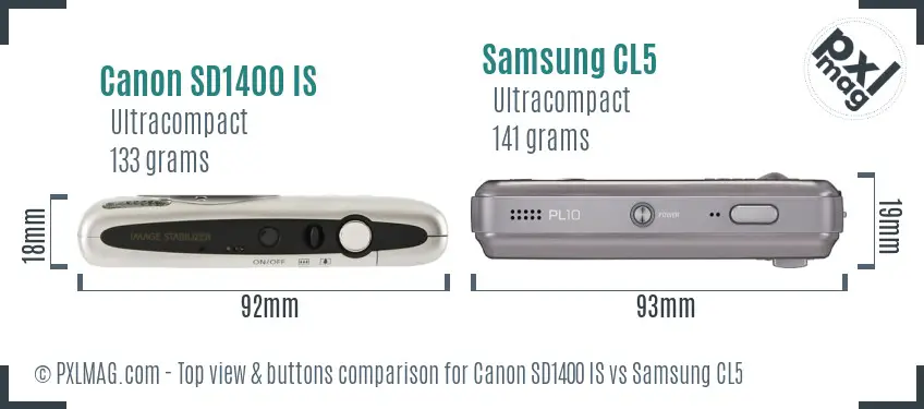 Canon SD1400 IS vs Samsung CL5 top view buttons comparison
