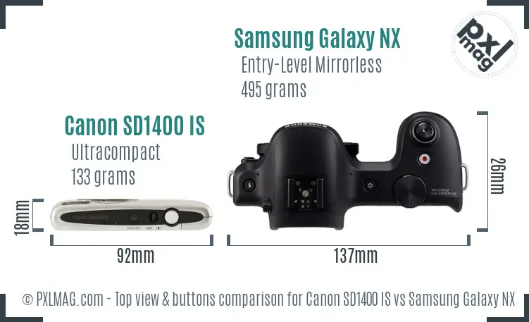 Canon SD1400 IS vs Samsung Galaxy NX top view buttons comparison