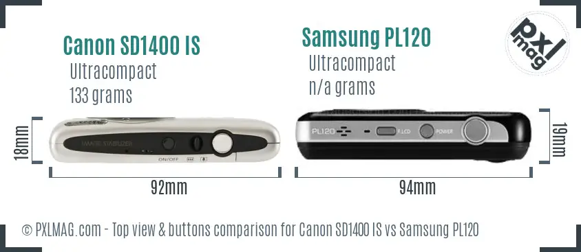 Canon SD1400 IS vs Samsung PL120 top view buttons comparison